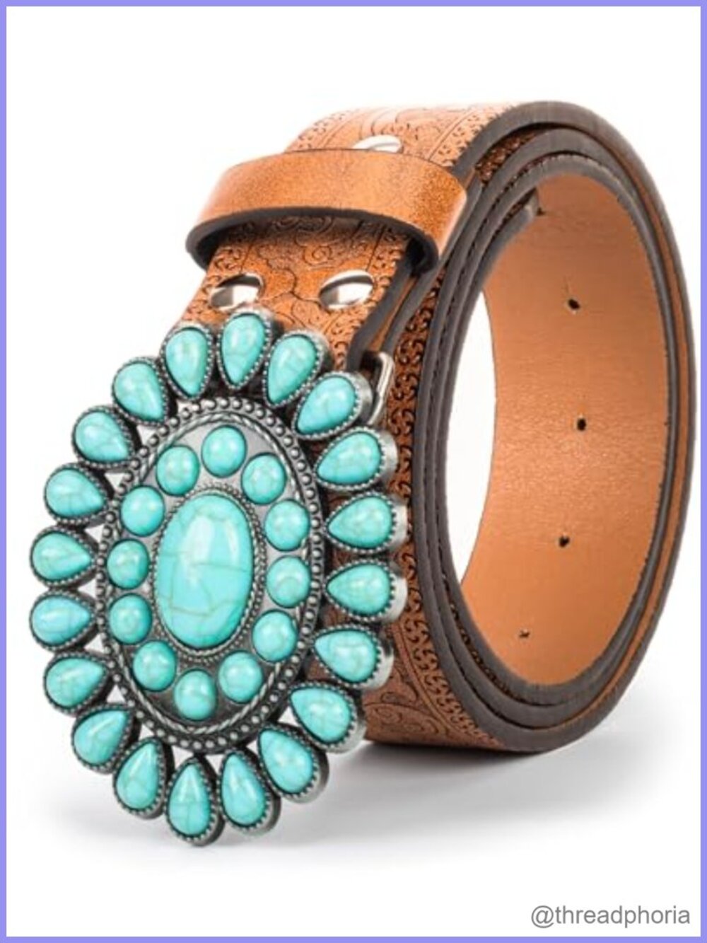 PU Leather Western Belt Turquoise Studded Floral Buckle Cowgirl